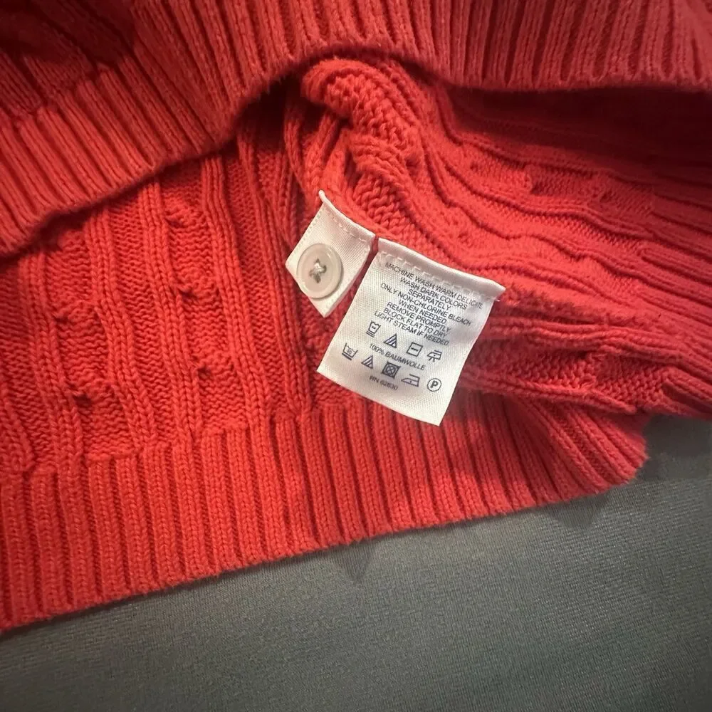Lands End Cable Knit Sweater Cherry Red Womens XL Crewneck Shoulder Button